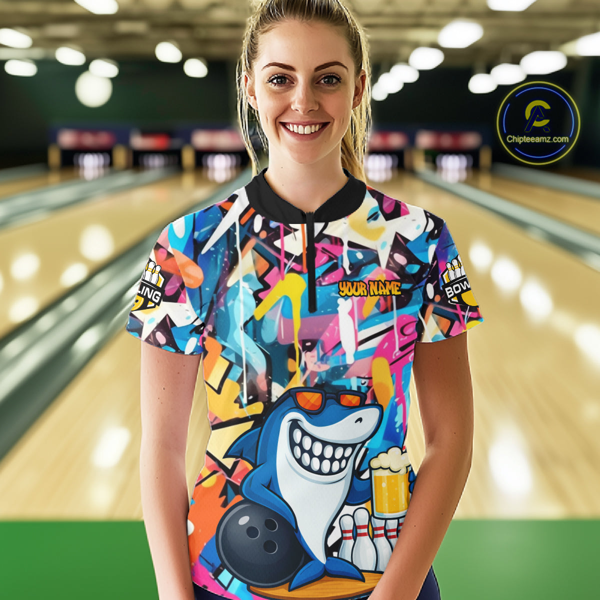 Funny Shark Colorful Graffiti Bowling Shirts For Women, Best Bowling Team Jersey Polo & 1/4 Zip TDM6208