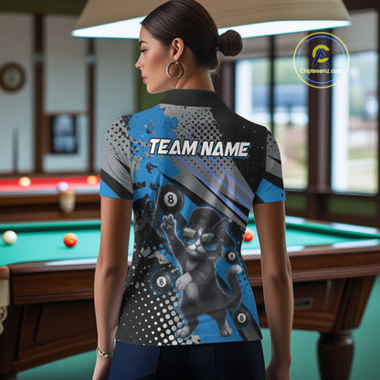 Custom Blue Funny Cat Billiard Shirt For Women, Personalized 8 Ball Pool Team Jersey Polo & 1/4 Zip TDM6442