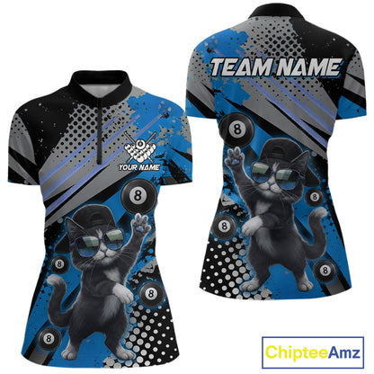 Custom Blue Funny Cat Billiard Shirt For Women, Personalized 8 Ball Pool Team Jersey Polo & 1/4 Zip TDM6442