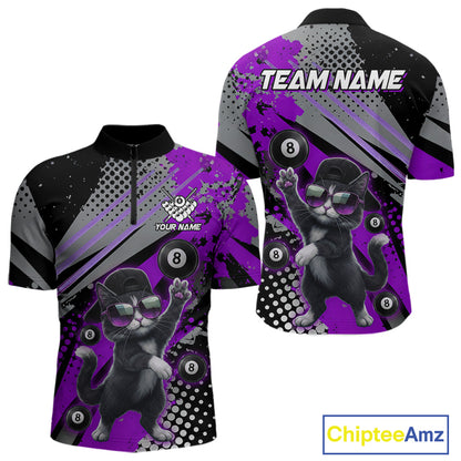 Custom Purple Funny Cat Billiard Shirt For Men, Personalized 8 Ball Pool Team Jersey Polo & 1/4 Zip TDM6443