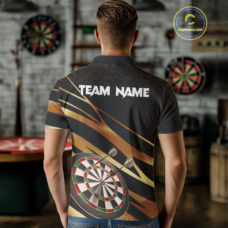 Black And Gold Dart Shirts For Men Custom 3D Dartboard Jersey, Darts Team Polo & Quarter Zip TDM4094