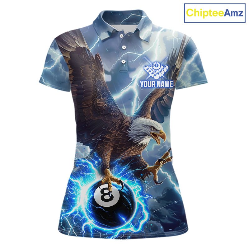 Women’s blue thunder eagle billiard polo shirt with lightning graphics for pool league players.