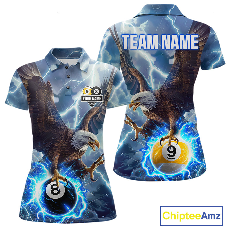 Women’s blue lightning eagle billiard polo shirt with 8 ball and 9 ball graphics for league players.