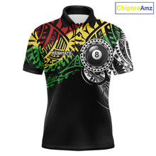 Load image into Gallery viewer, Men’s tribal 8 ball billiard polo shirt with personalized team details for pool league play.