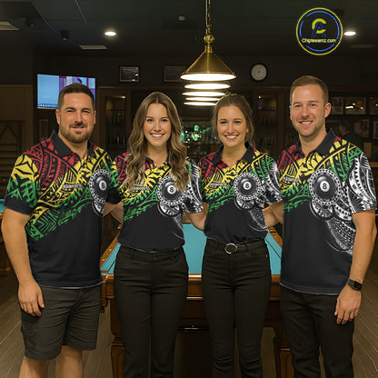 Pool team wearing matching tribal 8 ball billiard jerseys during league play front view.