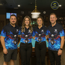 Load image into Gallery viewer, Pool team wearing matching blue flame smoke billiard jerseys during league play front view.
