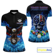 Load image into Gallery viewer, Women’s blue flame smoke eagle skull billiard quarter zip shirt for pool tournament players.