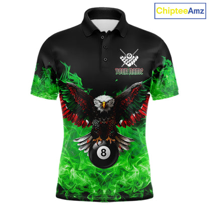 Custom green flame eagle skull billiard jersey for men designed for league and tournament play.