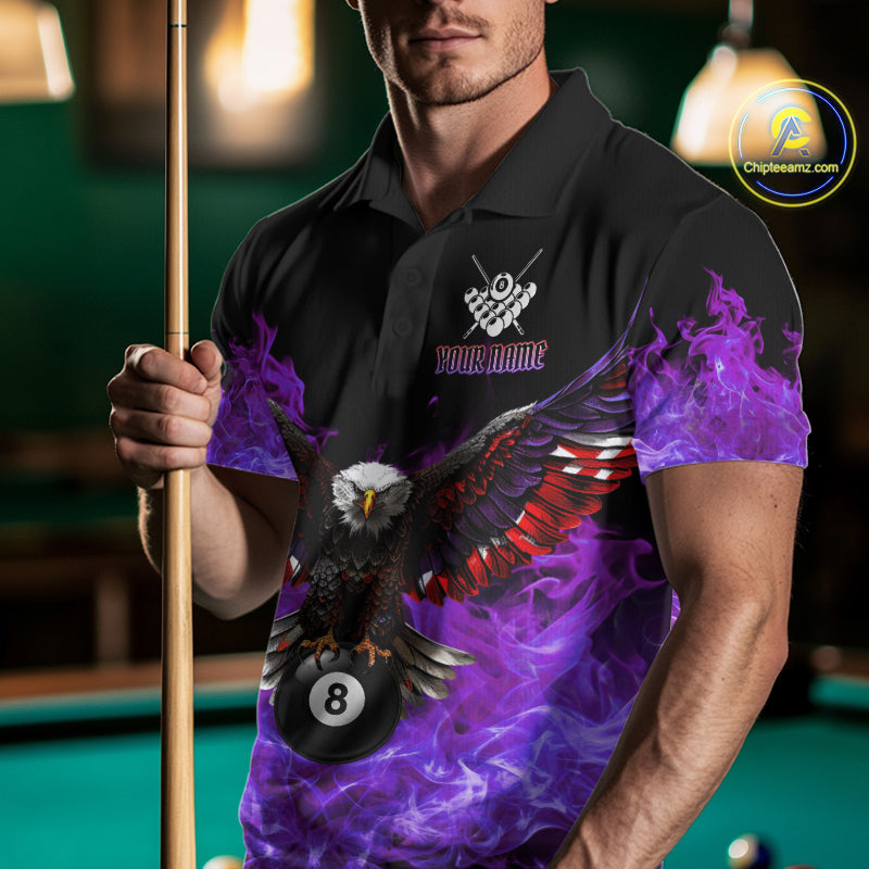 Man wearing a purple flame eagle skull billiard jersey beside a pool table front view.