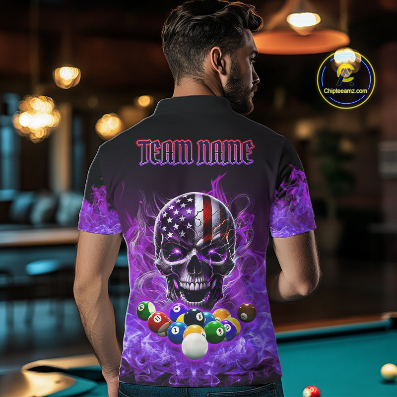 Back view of man wearing a purple flame eagle skull pool team shirt in a billiards hall.