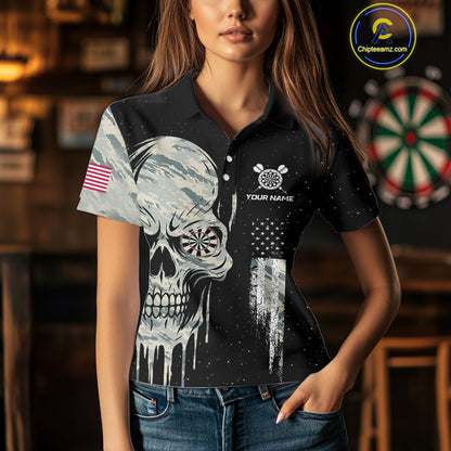 Grunge Camo Skull American Flag Dart Shirt For Women Custom Patriotic Dart Jersey Team Polo, 1/4 Zip TDM4277