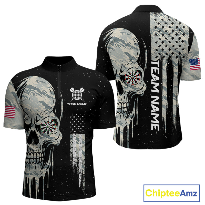 Grunge Camo Skull American Flag Dart Shirt For Men Custom Patriotic Dart Jersey Team Polo & 1/4 Zip TDM4277
