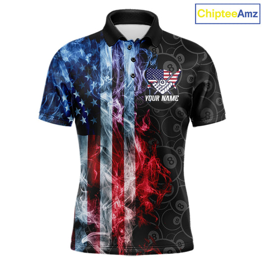 Smoke American flag 8 ball pool billiard polo shirt for men, custom patriotic pool team jersey.