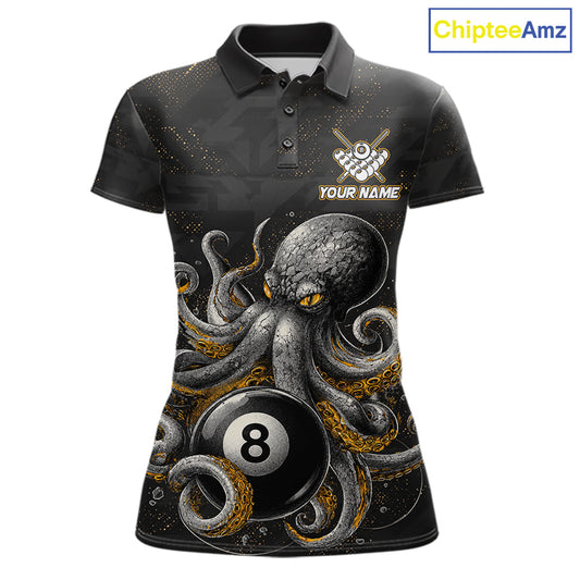 Personalized funny octopus 9 ball billiard polo shirt for women, custom pool team jersey apparel.