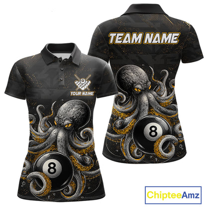 Funny octopus 9 ball custom billiard polo shirt for women with colorful ocean themed graphics.