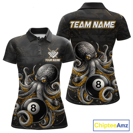 Funny octopus 9 ball custom billiard polo shirt for women with colorful ocean themed graphics.
