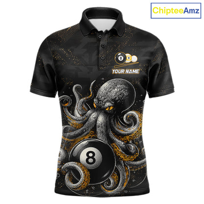Funny octopus 8 ball and 9 ball billiard polo shirt for men, custom pool team jersey with ocean theme artwork.