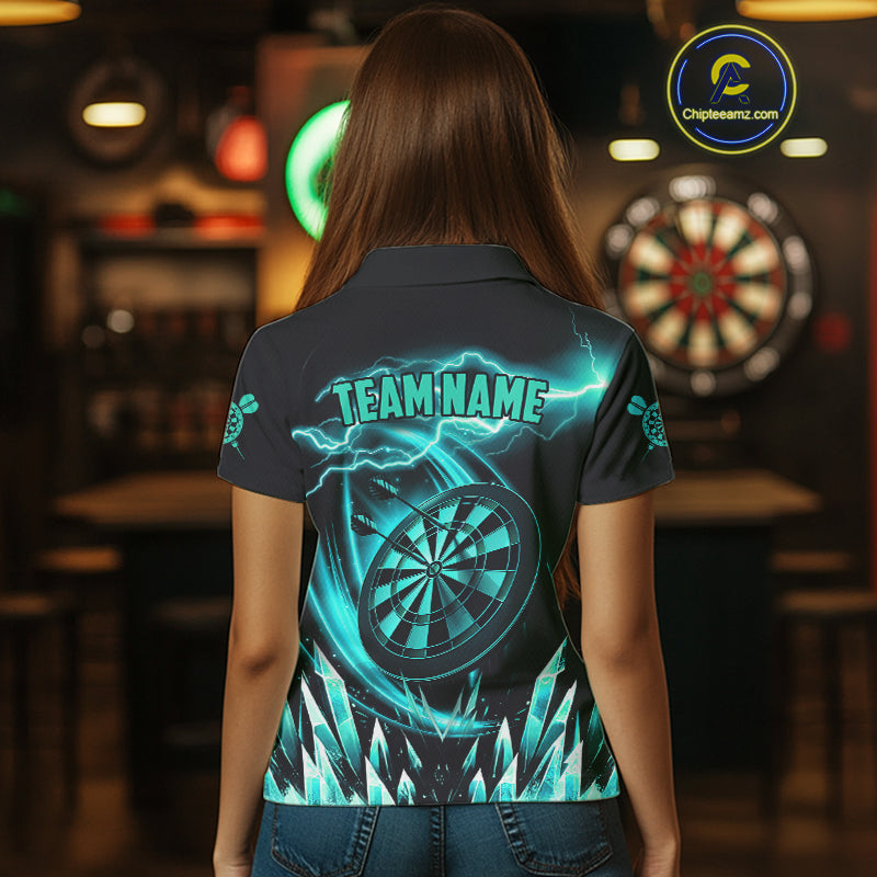 Personalized Turquoise Icy Lightning Darts Shirt For Women Custom Dart League Jersey Polo & 1/4 Zip TDM4466
