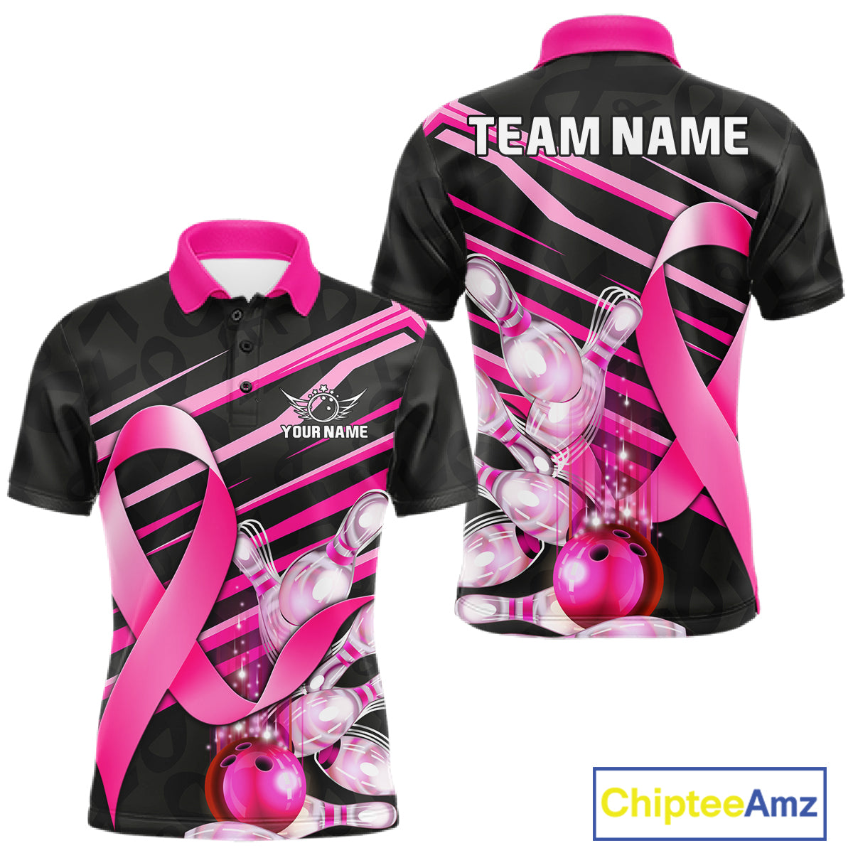 Personalized pink ribbon breast cancer awareness bowling team jersey polo shirt for men featuring pink ribbon artwork, premium custom bowling league apparel.