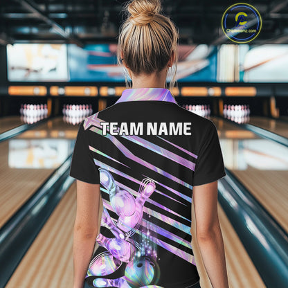 Woman wearing personalized holographic bowling team jersey polo shirt featuring holographic bowling artwork, back view.