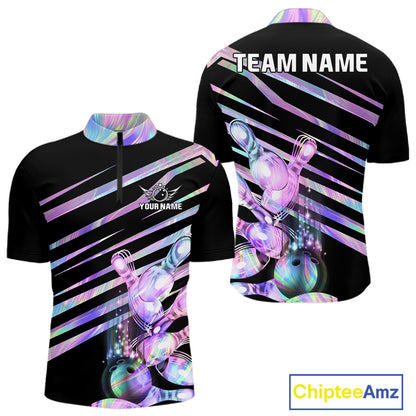 Personalized holographic bowling team jersey quarter zip shirt for men featuring colorful holographic bowling graphics, premium custom bowling apparel.