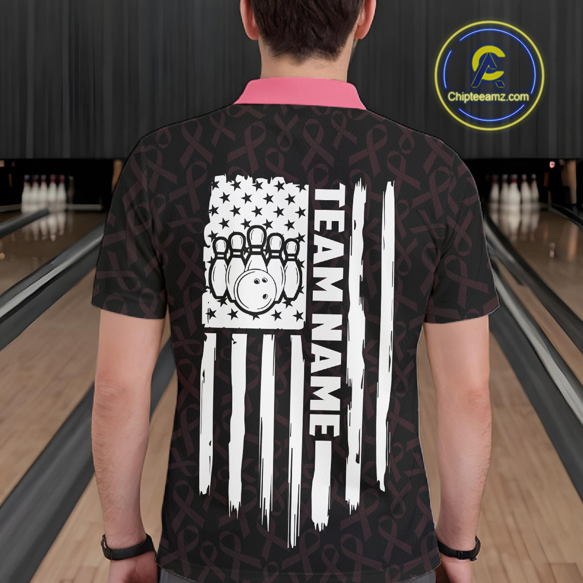 Man wearing pink ribbon American flag bowling team jersey polo shirt featuring breast cancer awareness artwork, back view.
