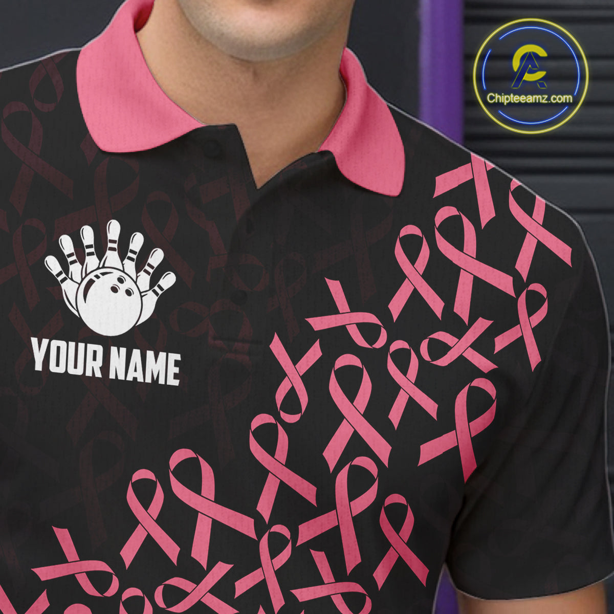 Close-up of pink ribbon American flag bowling team jersey polo shirt featuring collar, buttons and pink ribbon American flag artwork.