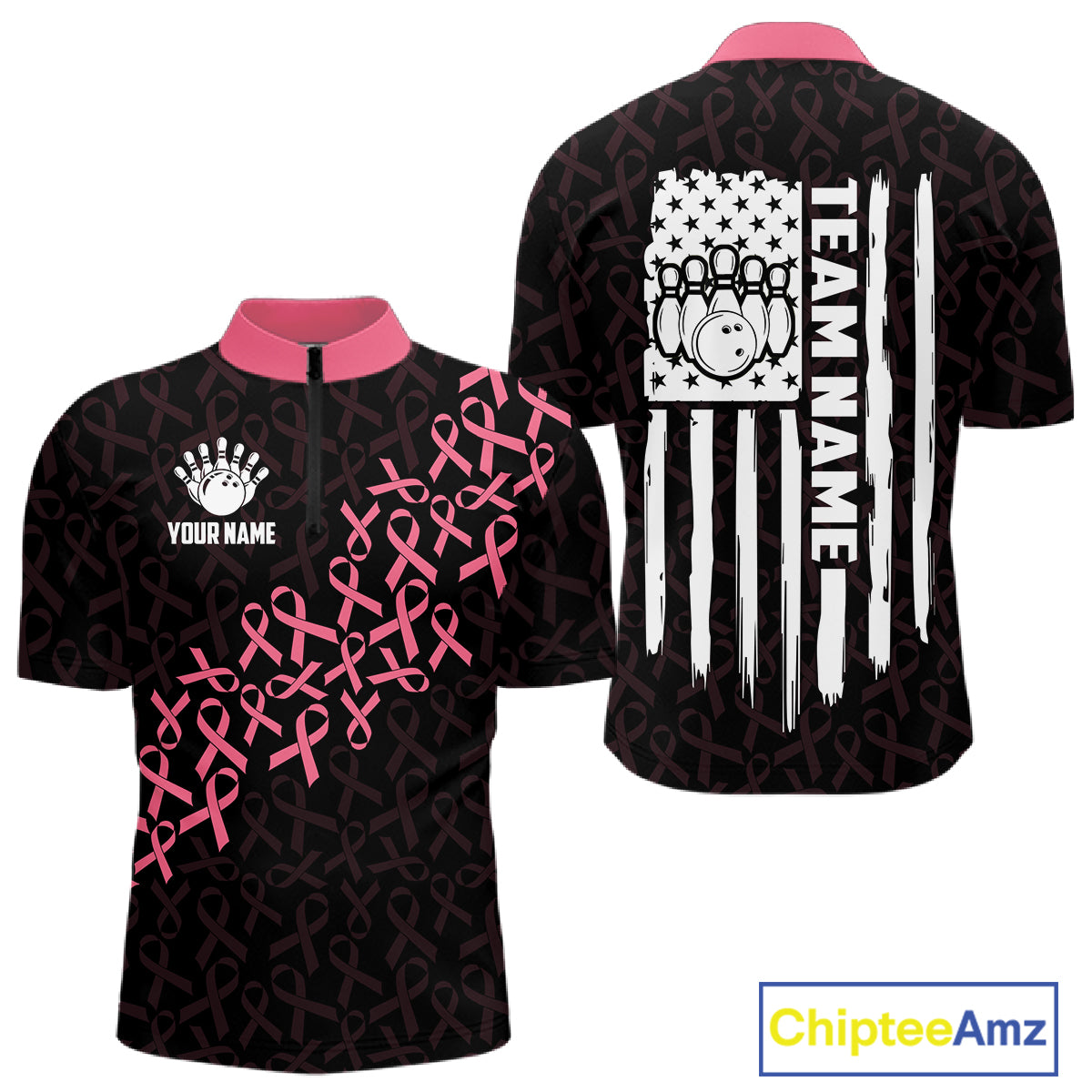 Pink ribbon American flag bowling team jersey quarter zip shirt for men featuring patriotic American flag and breast cancer awareness ribbon artwork.