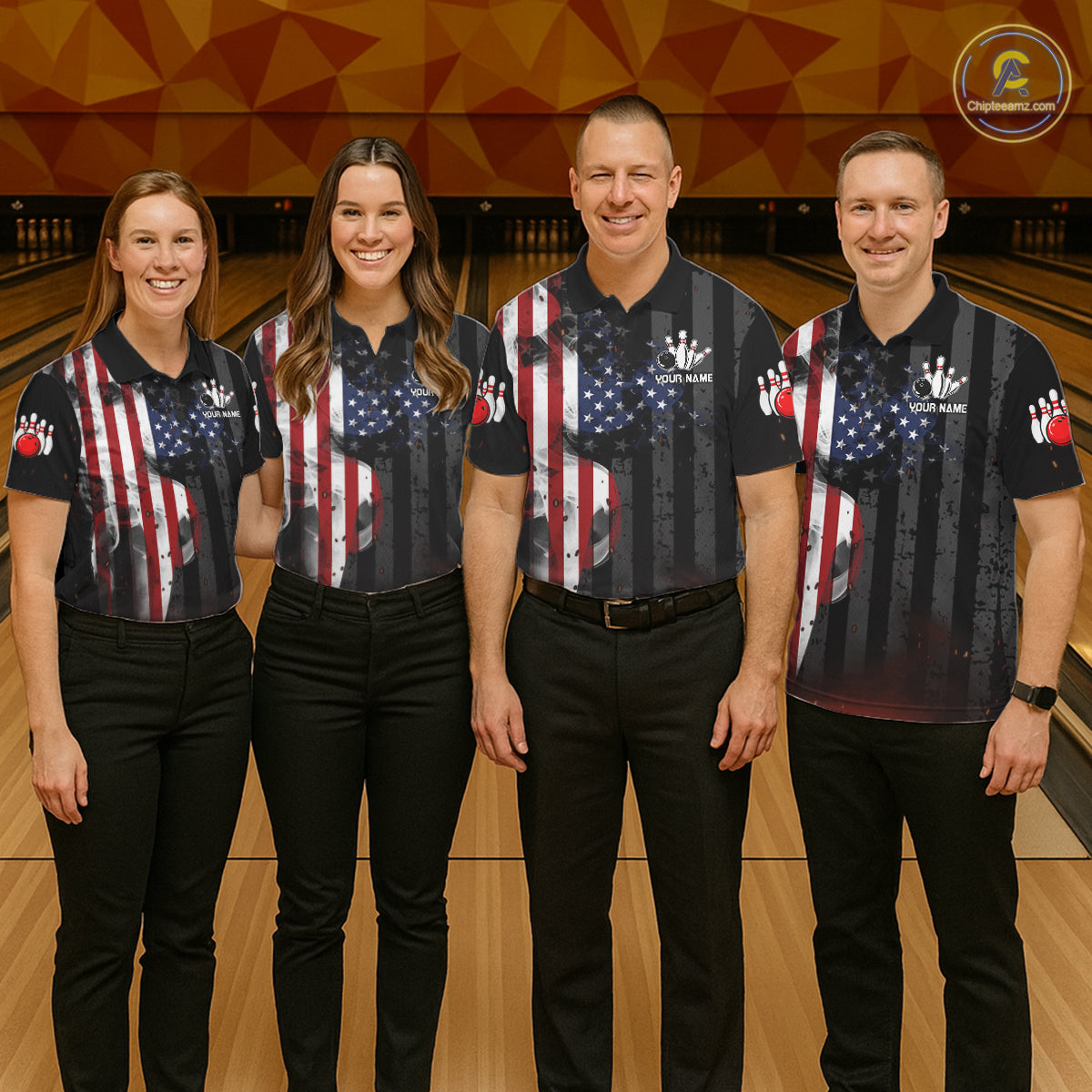 Bowling team wearing matching personalized vintage smoke American flag bowling team jerseys, front view.