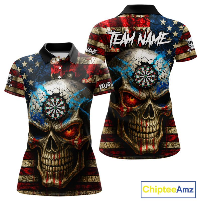 Personalized Vintage American Flag Skull Darts Shirt For Women, Patriotic Darts League Team Jersey TDM4708