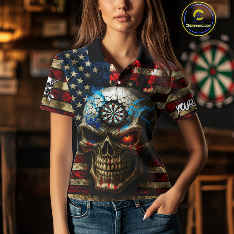 Personalized Vintage American Flag Skull Darts Shirt For Women, Patriotic Darts League Team Jersey TDM4708