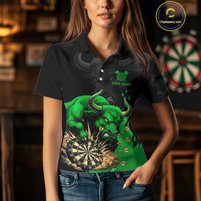 Black And Green Funny Bull Darts Shirt For Women Custom Dart Jersey Team Polo & 1/4 Zip TDM5123