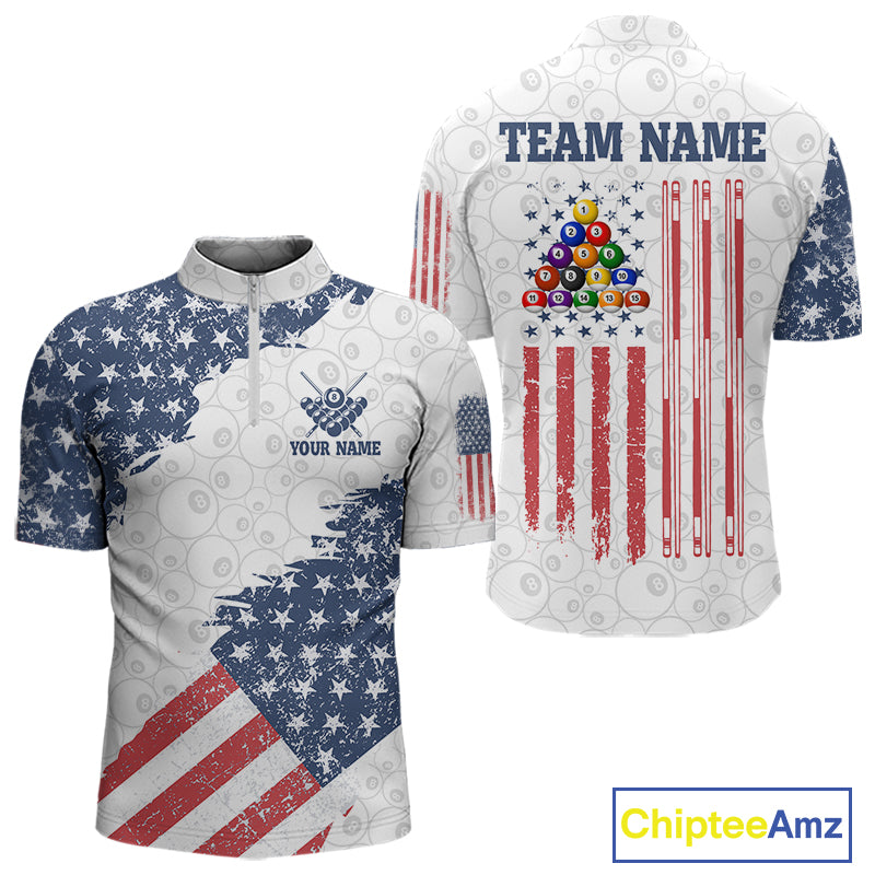 Grunge American Flag 8 Ball Billiard Shirt For Men Custom Patriotic Pool Team Jersey Polo, 1/4 Zip TDM5597