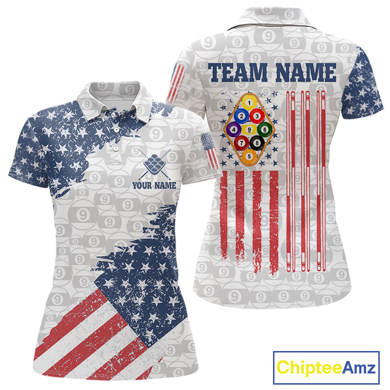 Grunge American Flag 9 Ball Billiard Shirt For Women Custom Patriotic Pool Team Jersey Polo, 1/4 Zip TDM5598