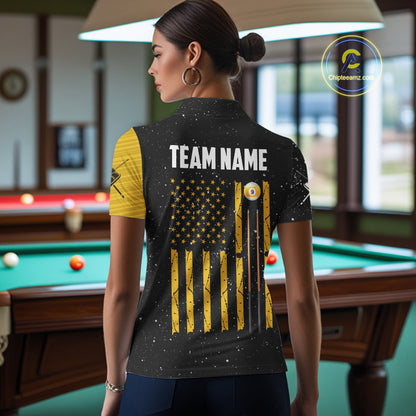 Yellow Black Grunge American Flag 9 Ball Women's Billiard Shirt Custom 9 Ball Pool Team Jersey TDM5599