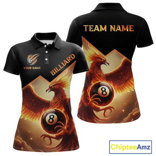 Orange 8 Ball Flame Phoenix Billiard Shirt For Women Custom Pool Team Jersey Polo & Quarter Zip TDM5603