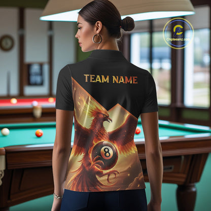 Orange 8 Ball Flame Phoenix Billiard Shirt For Women Custom Pool Team Jersey Polo & Quarter Zip TDM5603