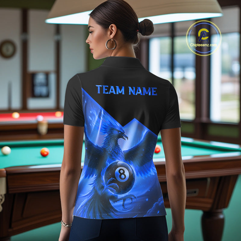 Blue 8 Ball Flame Phoenix Billiard Shirt For Women Custom Pool Team Jersey Polo & Quarter Zip TDM5604