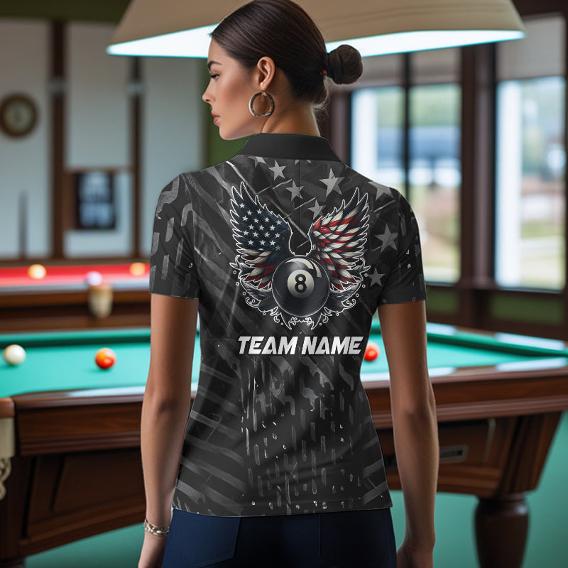 Black US Flag 8 Ball Pool Wings Billiard Shirt For Women Custom Billiard Team Jersey Polo & 1/4 Zip TDM5977