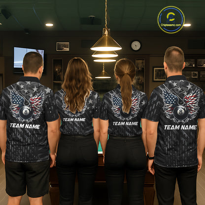 Black US Flag 8 Ball Pool Wings Billiard Shirt For Women Custom Billiard Team Jersey Polo & 1/4 Zip TDM5977