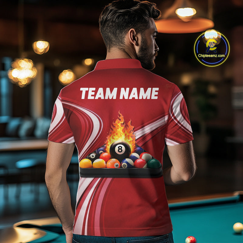 Personalized Red Billiard Jersey For Men Custom Flame 8 Ball Pool Billiard Shirt Polo & 1/4 Zip TDM6447