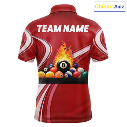 Personalized Red Billiard Jersey For Men Custom Flame 8 Ball Pool Billiard Shirt Polo & 1/4 Zip TDM6447