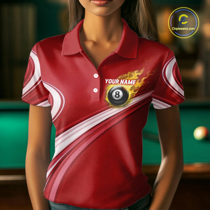 Personalized Red Billiard Jersey For Women Custom Flame 8 Ball Pool Billiard Shirt Polo & 1/4 Zip TDM6447