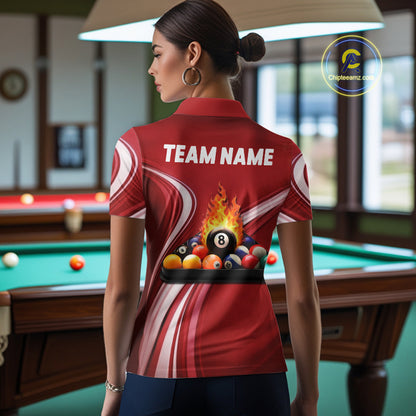Personalized Red Billiard Jersey For Women Custom Flame 8 Ball Pool Billiard Shirt Polo & 1/4 Zip TDM6447