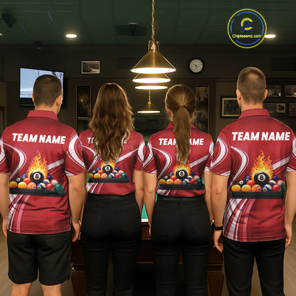 Personalized Red Billiard Jersey For Men Custom Flame 8 Ball Pool Billiard Shirt Polo & 1/4 Zip TDM6447