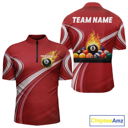 Personalized Red Billiard Jersey For Men Custom Flame 8 Ball Pool Billiard Shirt Polo & 1/4 Zip TDM6447