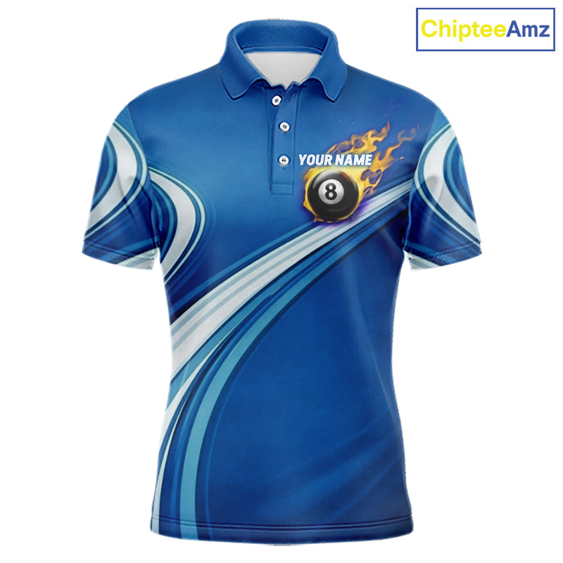 Personalized Blue Billiard Jersey For Men Custom Flame 8 Ball Pool Billiard Shirt Polo & 1/4 Zip TDM6448