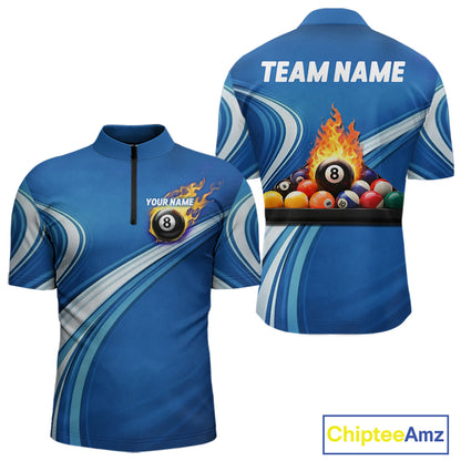 Personalized Blue Billiard Jersey For Men Custom Flame 8 Ball Pool Billiard Shirt Polo & 1/4 Zip TDM6448
