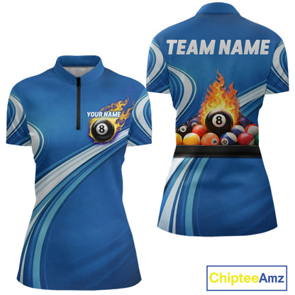 Personalized Blue Billiard Jersey For Women Custom Flame 8 Ball Pool Billiard Shirt Polo & 1/4 Zip TDM6448