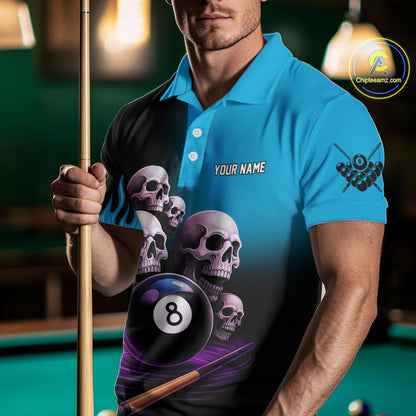 Custom Blue Flaming Grim Reaper 8 Ball Pool Billiard Shirt For Men, Funny Skull Pool Team Jersey TDM4280